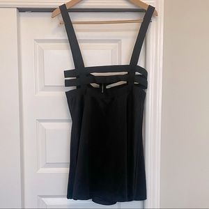 Blue Time black flared mini skirt w/ shoulder straps & gold zipper, size XL